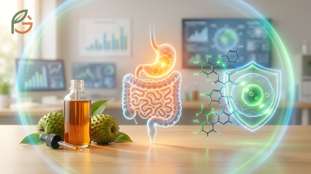 Benefits of soursop bitters stimulating digestive enzymes and providing 83 percent of daily fiber needs.