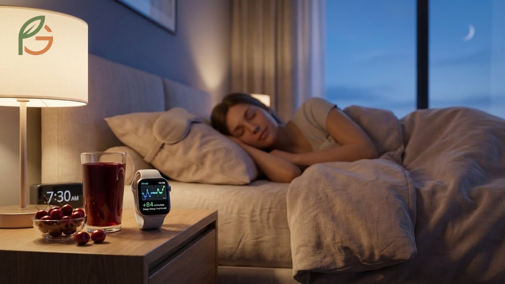 Tart cherry juice for sleep studies show an 84 minute increase in total sleep time for participants.