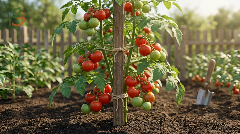 How to stake tomato plants using single stakes or cages to support heavy fruit loads and prevent ground rot.