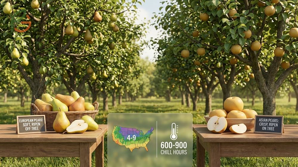 Types of pear trees are categorized into European pears needing chilling hours and Asian pears with apple texture.