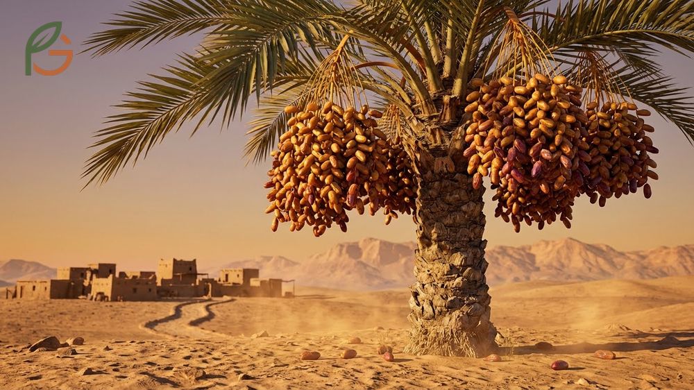 What is a date fruit illustrating large clusters where mature trees produce over 150 pounds annually.