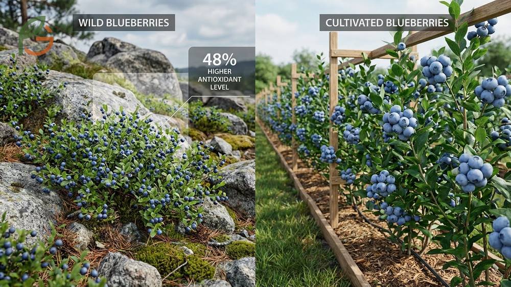 Wild blueberries vs blueberries showing physical differences like smaller size and higher skin to pulp ratio in wild types.