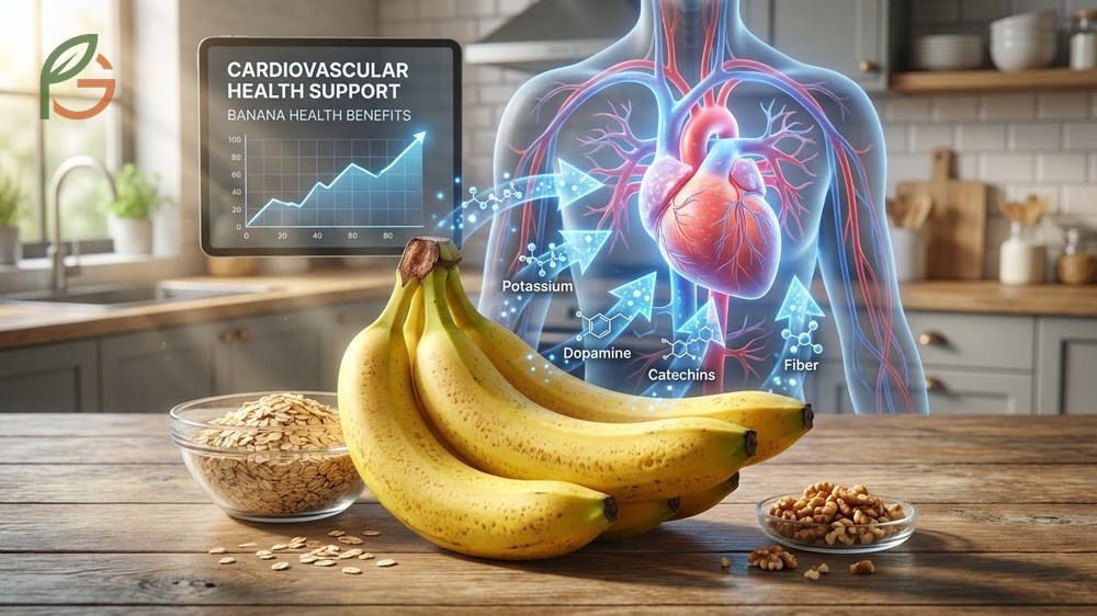 Banana health benefits include cardiovascular support and improved digestion through a combination of fiber and magnesium.