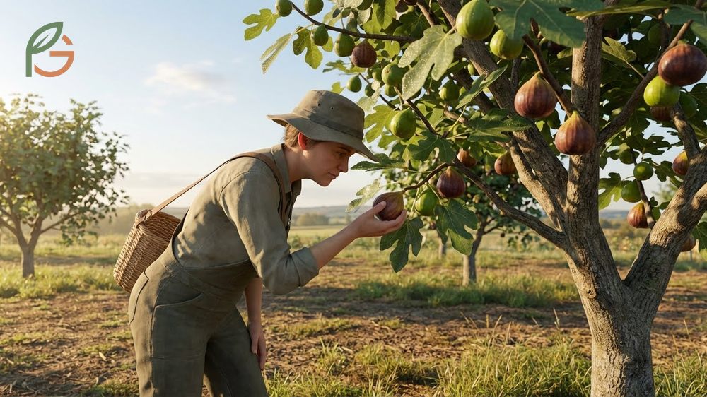 Checking fig ripeness systematically by inspecting color and feeling for softness without damaging fruit.