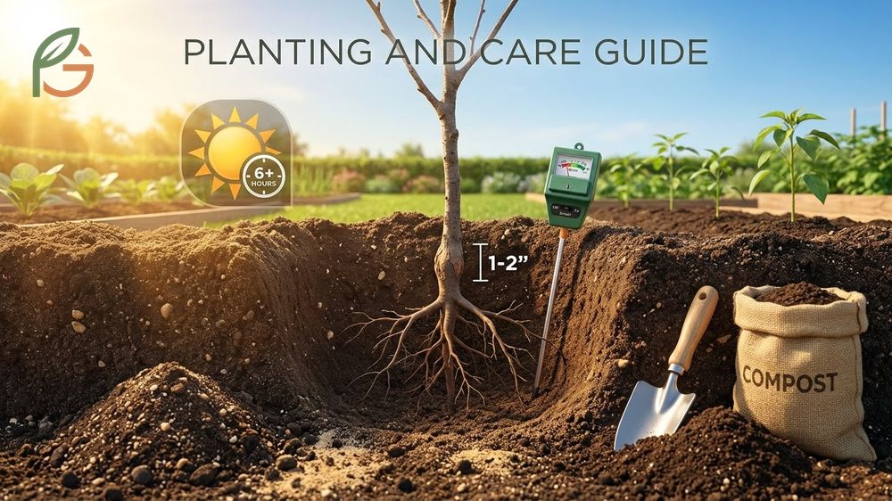 Planting and care guide for cherry trees detailing full sun requirements and soil pH between 6.0 and 7.0.
