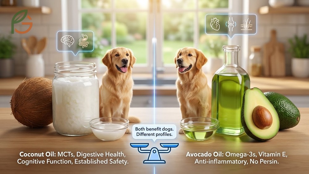 Coconut oil vs avocado oil for dogs comparison highlighting differences in mct content and omega 3 fatty acids.