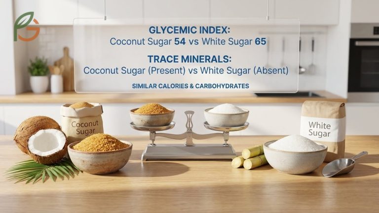 Coconut sugar vs white sugar comparison chart showing glycemic index differences and calorie content for informed sweetener choices.