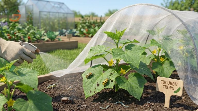 Close-up of striped and spotted cucumber beetles damaging the green leaves of a cucumber plant.