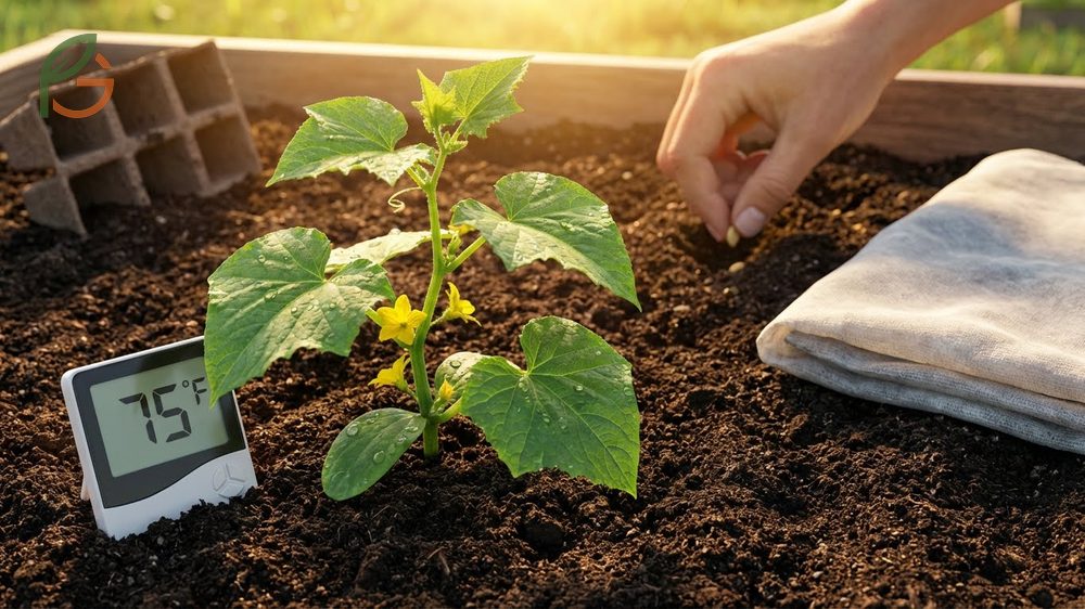 Cucumber plants thriving in a sunny garden bed with temperatures consistently above 70 degrees.