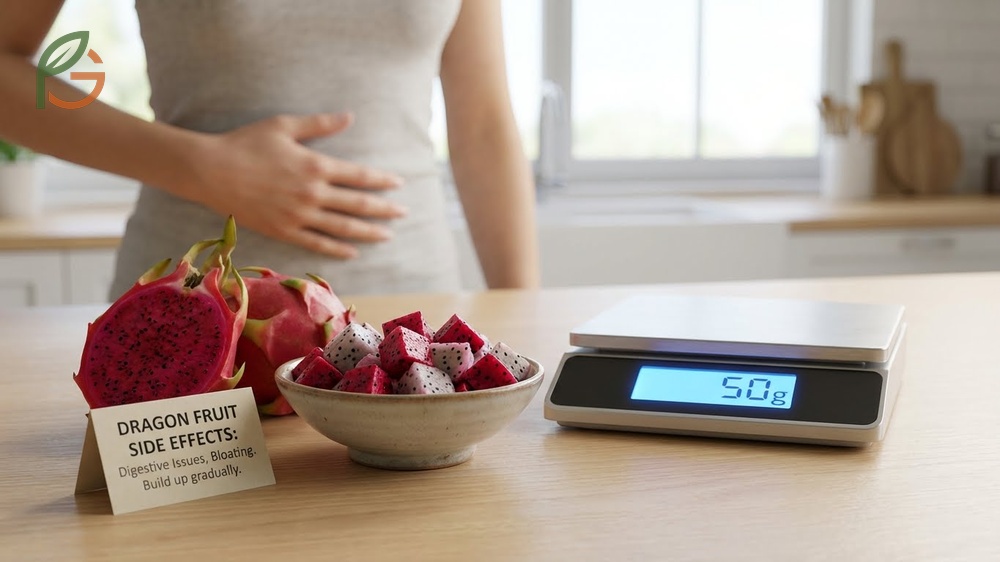 Dragon fruit side effects noting potential digestive issues if consuming over 100g daily due to fiber.