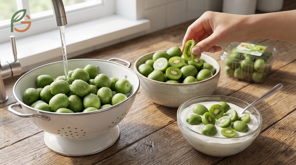 How to eat kiwi berries simply by rinsing and snacking on the nutrient dense fruit with edible skin.
