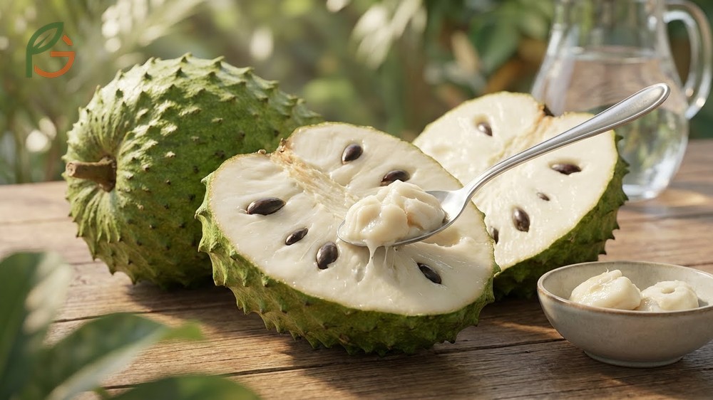 Eating soursop fruit involves scooping the creamy white flesh that tastes like strawberry and pineapple.