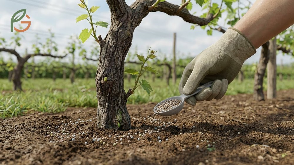 Fertilizer for grape vines applied at 8 to 10 ounces per vine using balanced formulas in early spring.