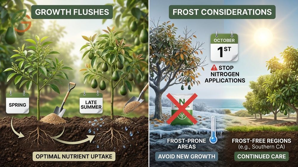 Fertilizer schedule avocado plan starting in late winter before bloom and continuing through summer.