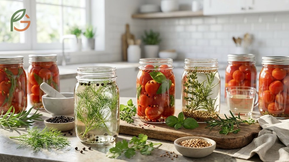 Flavoring pickled tomatoes with fresh herbs like dill and basil plus spices like peppercorns and garlic.