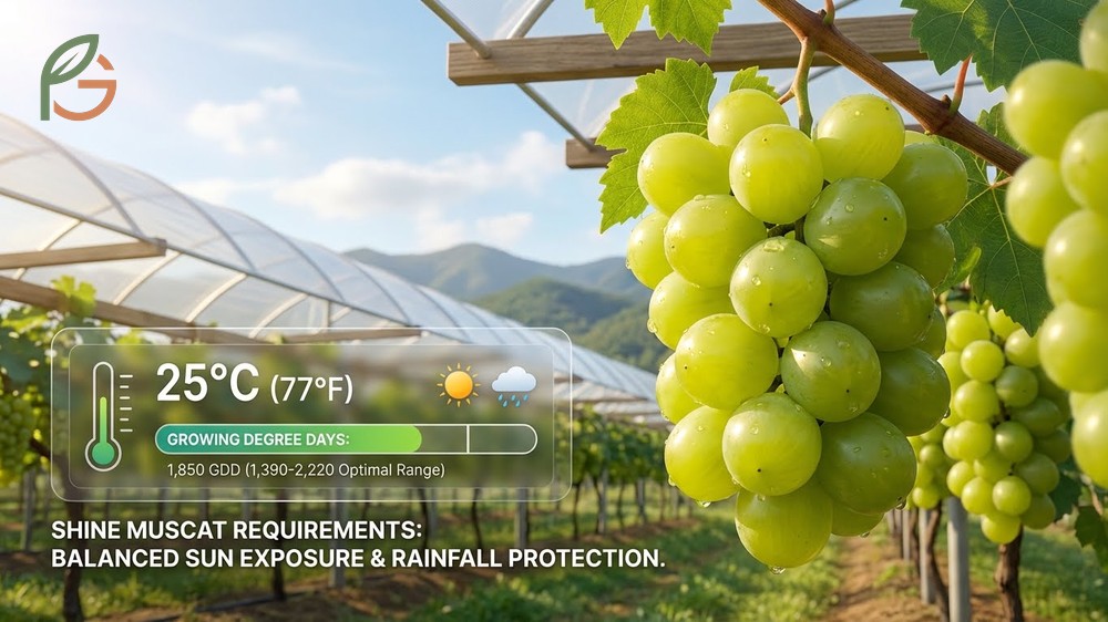 Growing shine muscat requirements demonstrated by paper bags protecting grape clusters in a sunny vineyard.
