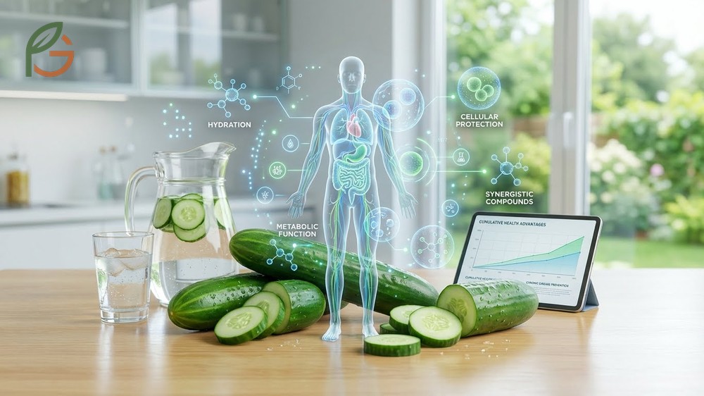 Health benefits of cucumbers involve antioxidants like vitamin C and flavonoids that reduce oxidative stress.