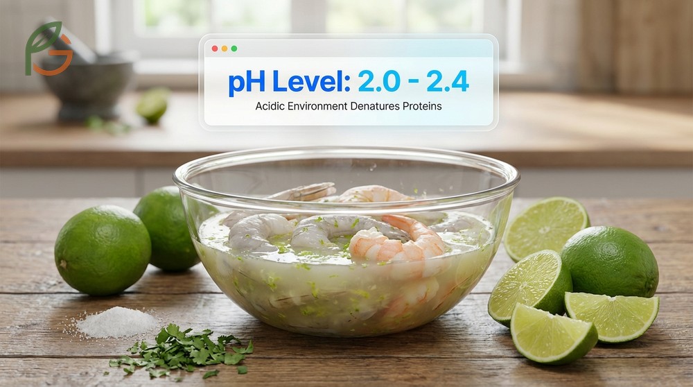 How does lime juice cook shrimp through pH reduction to 2.0 forcing protein chains to unfold.