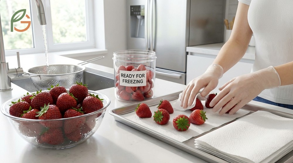 How to freeze strawberries properly by washing and drying them thoroughly to prevent mushiness.