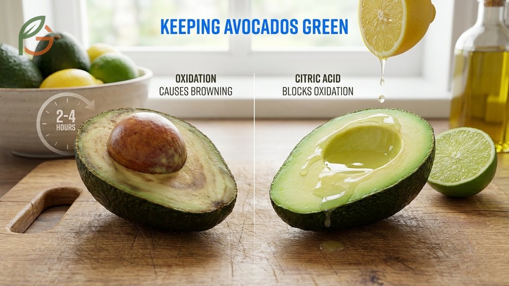 Effective methods for keeping avocados green after cutting including citric acid and airtight sealing.