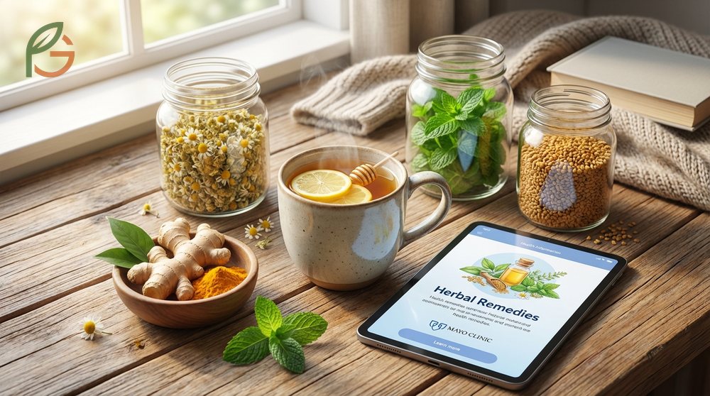 Natural remedies for cold and flu including chamomile tea and ginger lemon honey tea for immune support.