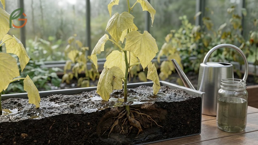 Overwatering cucumbers signs like soft yellow leaves and root rot caused by lack of soil oxygen and drainage issues.