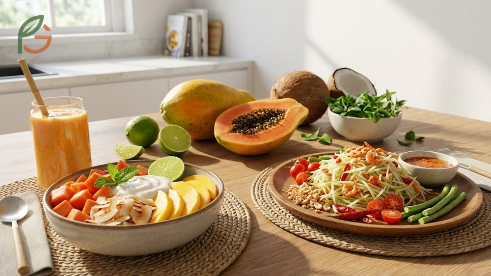 Papaya flavor pairing suggestions combining the fruit with lime, coconut, and savory ingredients for delicious dishes.