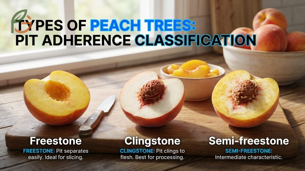 Types of peach trees classified by stone attachment including freestone clingstone and semi-freestone.