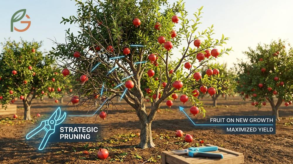 Pruning pomegranate trees using proper techniques in late winter to shape the canopy and increase fruit production.