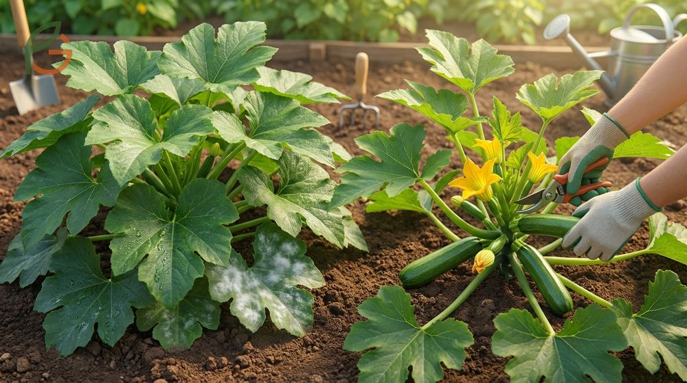 Pruning zucchini plants to lower humidity by 30 percent and improve air circulation for preventing fungal diseases.