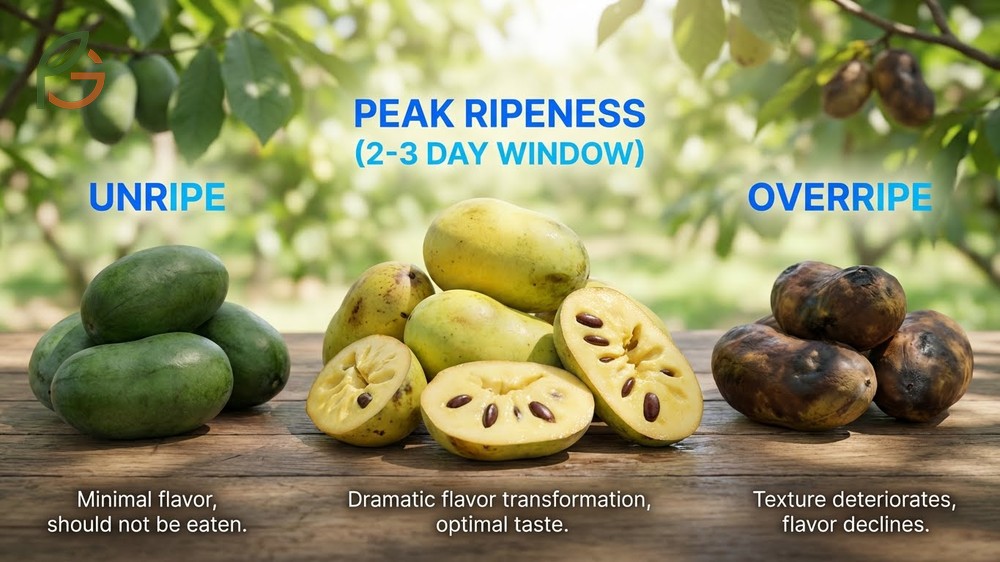 Ripeness stages and taste development where sugar levels increase by 40 percent as the fruit yellows and softens.