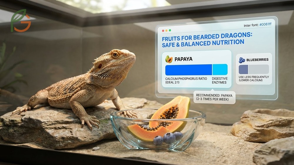 Fruits for bearded dragons list featuring papaya and figs with better calcium ratios than blueberries.