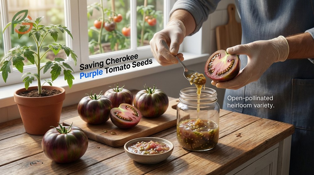 Saving Cherokee purple tomato seeds process involves fermenting pulp for three days to remove germination inhibitors.