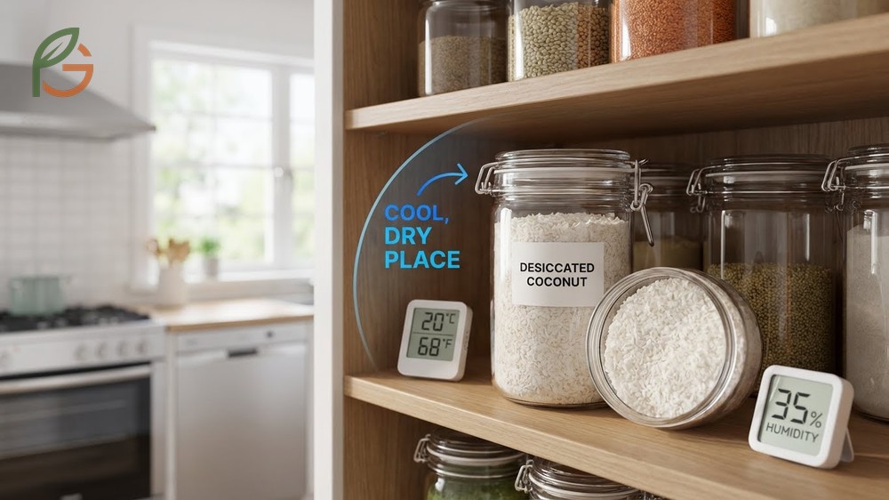 Storing desiccated coconut in airtight containers to extend shelf life to 6 months in the refrigerator or 1 year in the freezer.