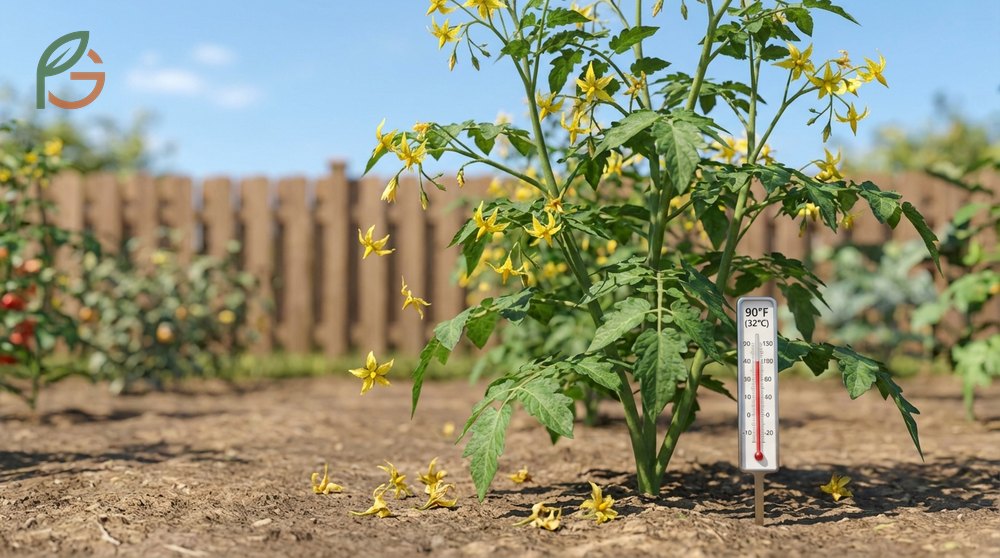 Tomato plant flowers but no fruit symptoms occur when heat stress above 88 degrees causes blossom drop.