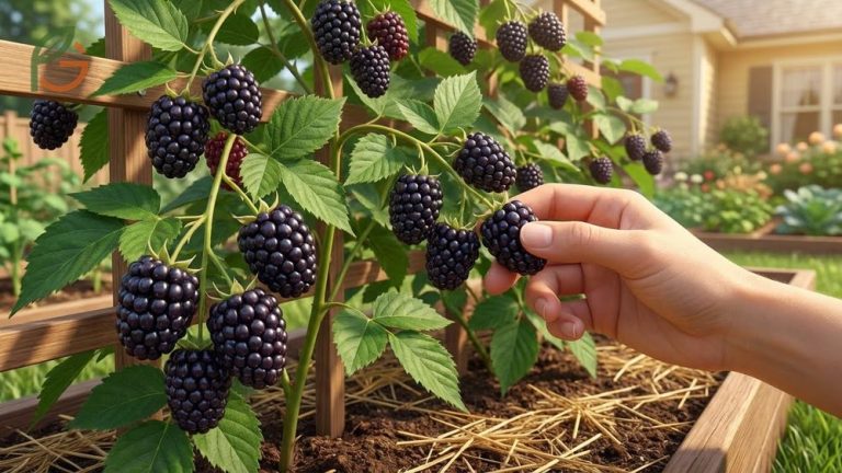 Triple crown thornless blackberry plants growing in a garden setting with large sweet berries and no thorns.
