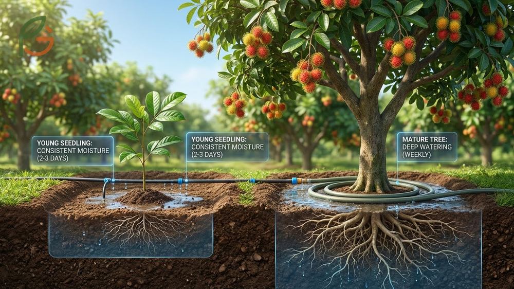 Watering rambutan tree seedlings every 2-3 days ensures consistent moisture for establishing deep roots.