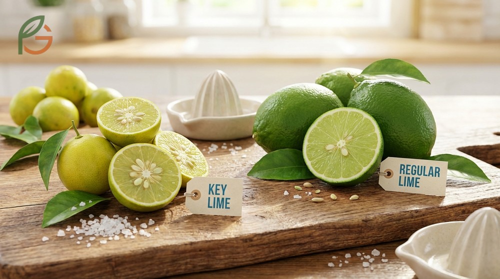 What is key lime illustrated by comparing the small tart fruit with larger Persian limes.