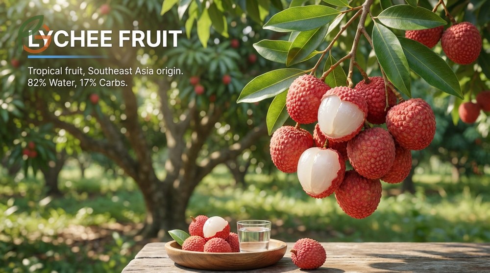 What is lychee fruit appearance displaying the rough pinkish red shell peeling away to reveal white flesh.