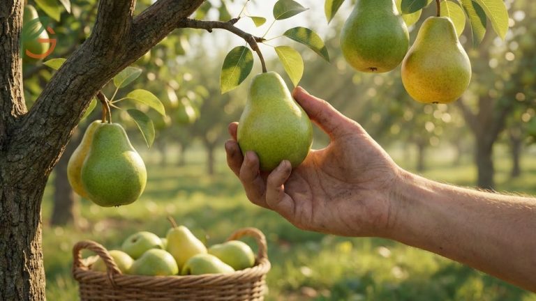 When to pick pears guide focusing on harvesting firm fruit with slight color change to prevent internal rotting.