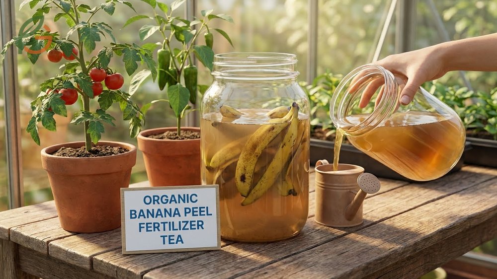Banana peel fertilizer tea preparation extracts soluble minerals for liquid feeding of container vegetables.