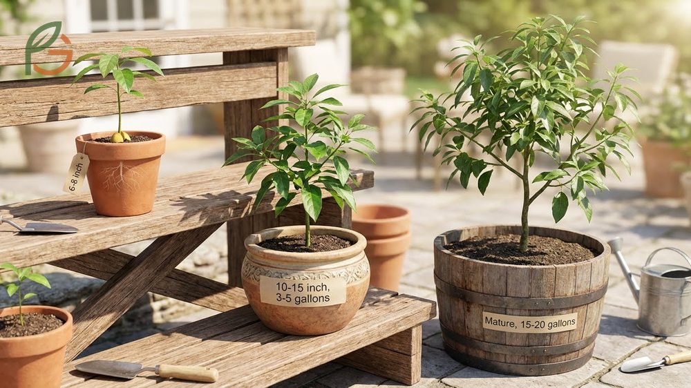 Best pot size for avocado tree success requires 15 to 20 gallon containers with excellent drainage holes.