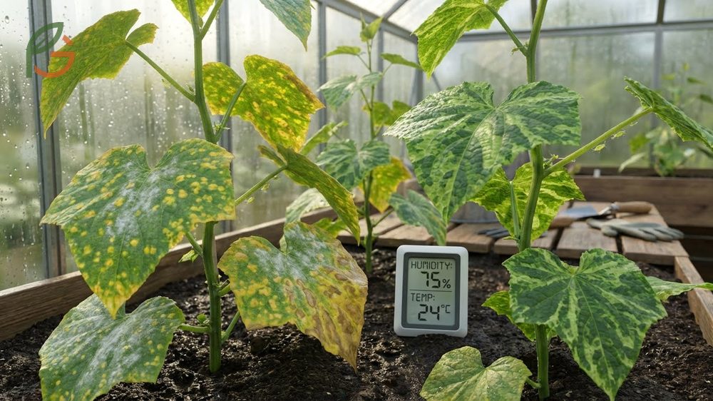 Cucumber diseases yellowing of leaves including mosaic virus mottling and downy mildew fungal spots identification.