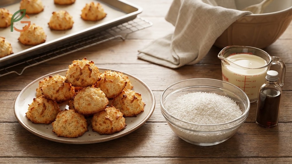 Desiccated coconut recipes including macaroons baked at 350°F for 10-13 minutes to achieve a golden texture.