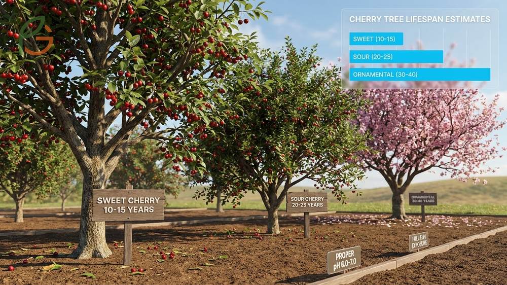 How long do cherry trees live ranges from 15 years for sweet varieties to over 25 years for sour cherries.