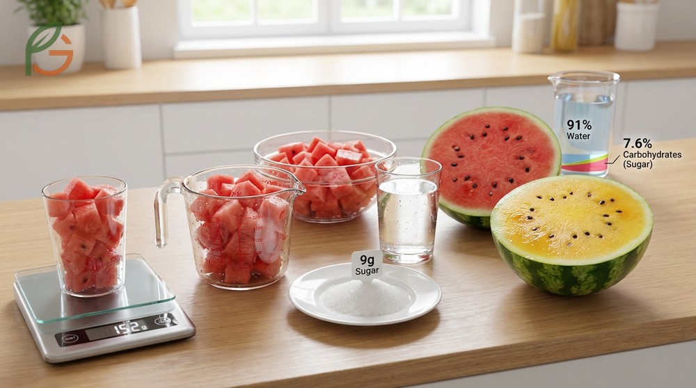 How much sugar in watermelon is determined by serving size with one cup containing 9 grams of natural sugar.