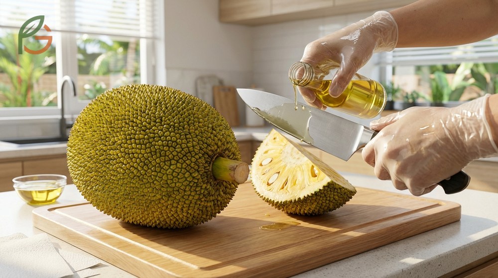 How to cut a jackfruit requires using coconut oil to create a barrier that dissolves the sticky polyisoprene sap on tools.