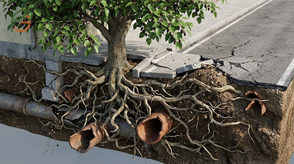 Invasive mulberry roots causing cracks in sidewalks and foundations within 20 feet of the tree.