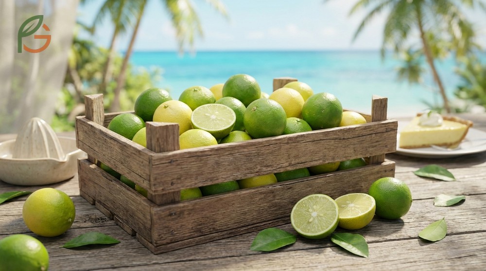 Small yellow key limes growing on a thorny tree to illustrate their specific botanical characteristics.
