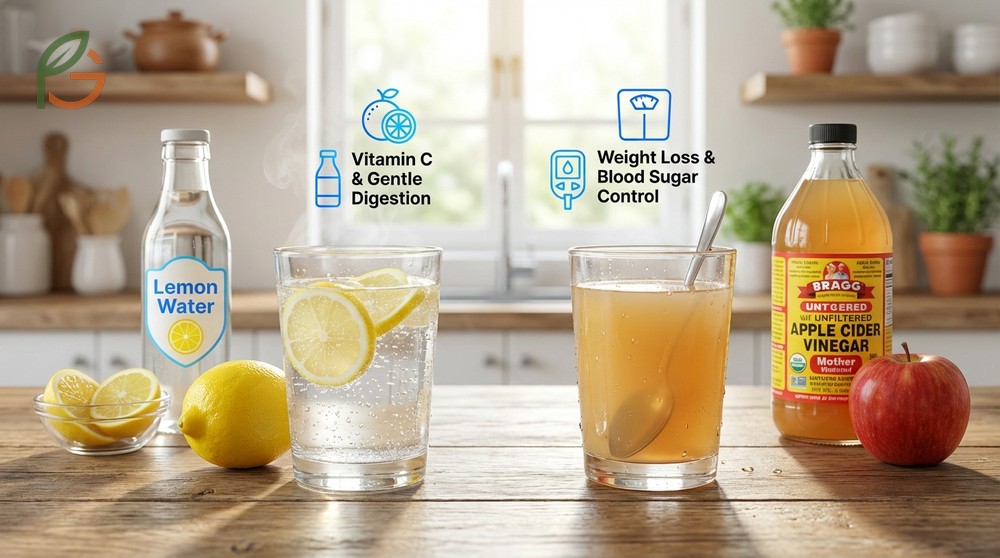 Lemon water vs apple cider vinegar differences center on acetic acid for satiety and citric acid for digestion.